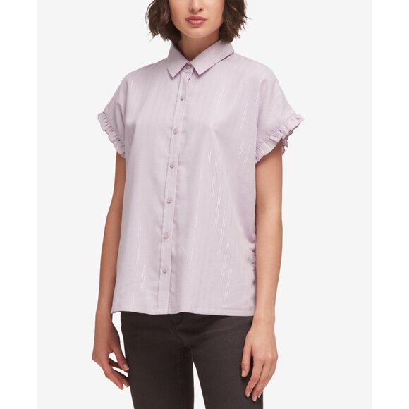 NWT Womens Size Medium DKNY Purple Ruffle-Trim Lurex Striped Button Down Shirt - Picture 1 of 2